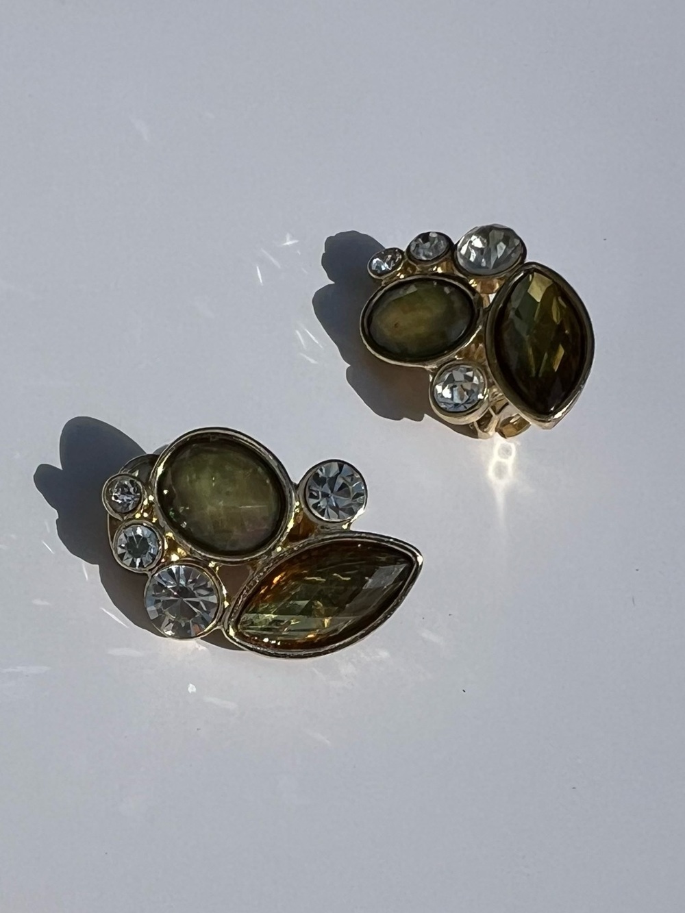 Gold-Tone Olive Green Crystal Clip-On Earrings - Unbranded